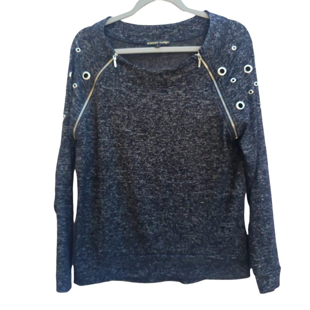 Always Indigo Black & Gray Long Sleeve Knit Blouse Gold Zippers Size L